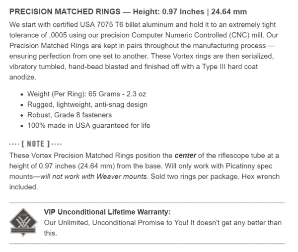 PMR 30-97 Vortex Optics T6 Billet Aluminum Precision Matched Rings (Pair) for Picatinny Rails 4