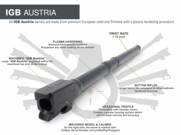 Gen 3 & 4 Glock 10" Barrels IGB Austria Match Grade Hexagonal 10" Threaded Barrel For .10 Auto, .40s&w & .45acp Calibers 6