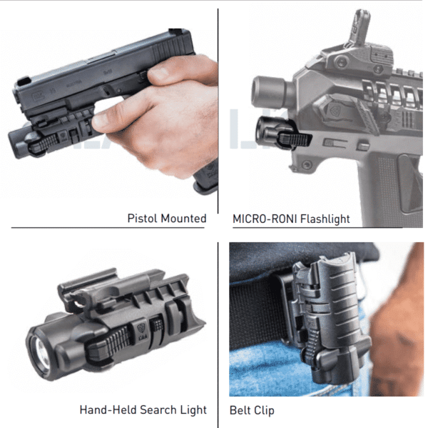MLA CAA Gearup 4 in 1 Modular Flashlight Adapter - Attaches to the Belt, Pistol Mounted, Hand Held and Fits Micro Roni 2