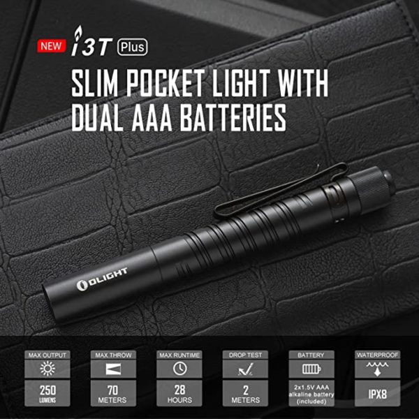 Olight I3T Plus 250 Lumens EDC Pocket Slim Flashlight with 2xAAA Batteries and a PMMA Optic Lens 3